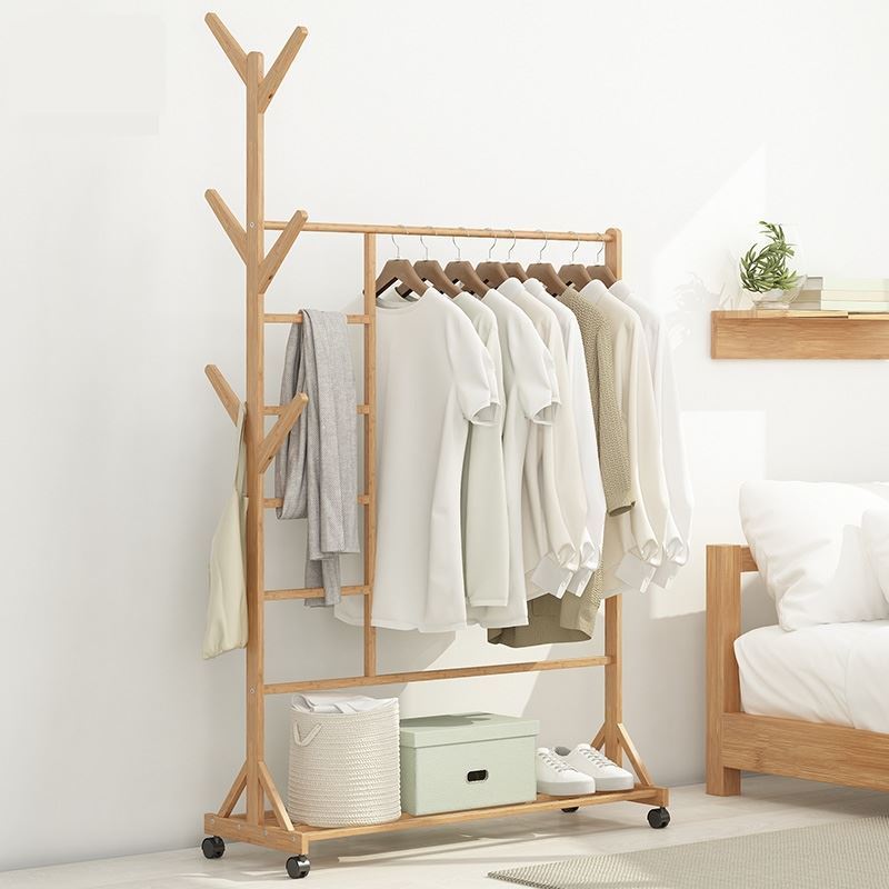 Vertical coat and hat rack with branch and cross bar Wood Clothes Racks