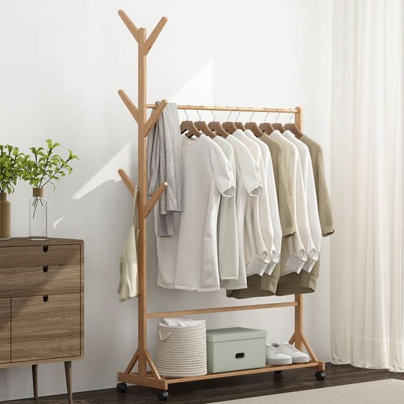 Vertical coat and hat rack with branch and cross bar Wood Clothes Racks