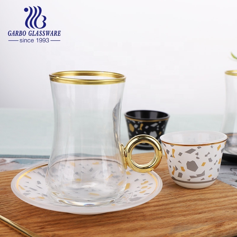 Wholesale Turkish New Design Royal Golden Glass Coffee Tea Cup and Saucer Cawa Glass Set with Golden Decor Gift Set for Hotel