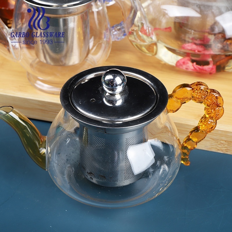 High-quality Borosilicate Glass Tea Kettle Pot Coffee Pitcher with Stainless Steel Infuser and Lid with Customized Color Lid