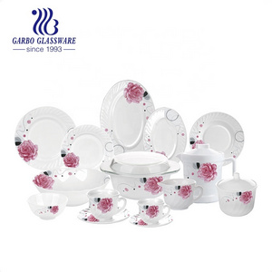 Factory 58PCS Classical Egypt Machine Pressed Round Oval White Opal Glass Dinner Set with Customized Decal Design Polifoam Pack