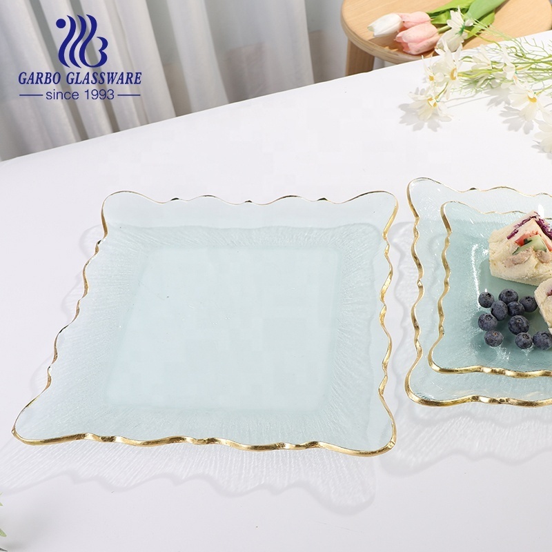 Handmade Hot Gift Online Gift Shop High-end Customized Glass Square Plate Wedding Party Charger with Golden Rim for Home Decor