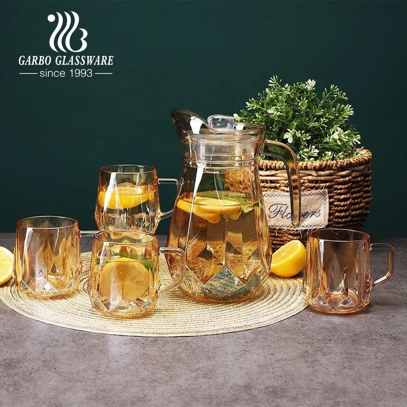 Wholesale Stocked 5PCS Machine-made Amber Ion-plating Glass Cool Water Drinking Beverage Juice Jug Set Pitcher Set Glass Mug