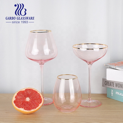 Pink glass goblet 10oz colored glassware red white wine glass stemware flute handmade glass cup golden rim  martini glasses