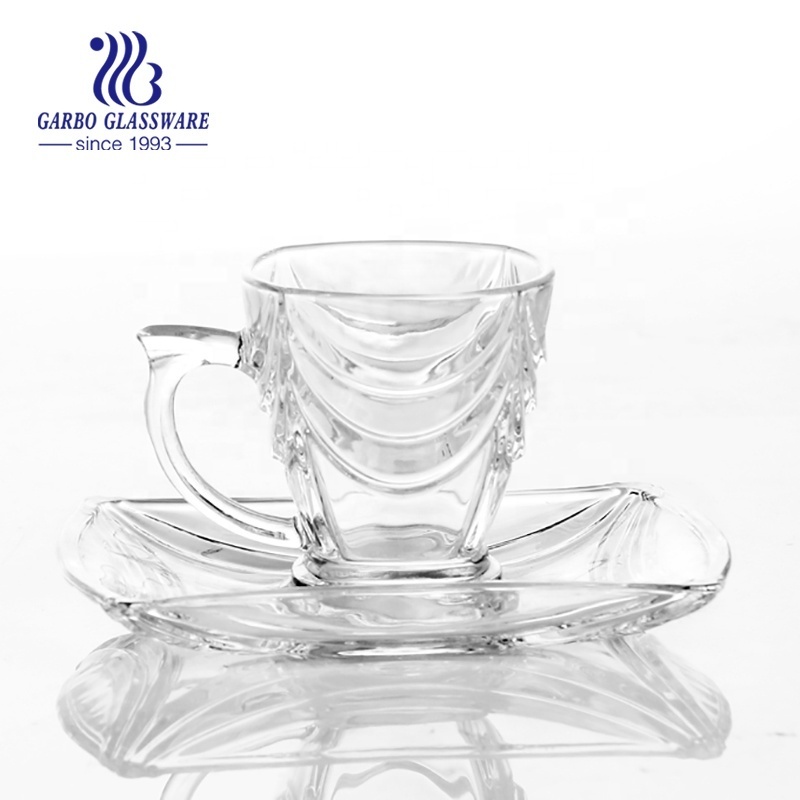 Classic fish scale engraved design glass mug and saucer set India market hot sales teacup set soda-lime glass drinkware