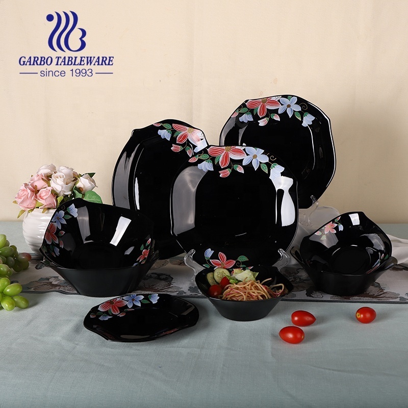 Home use OEM customer Printed Flower Decoration Stock opal glass dinner Set dish plate bowl black opal glassware dinnerware