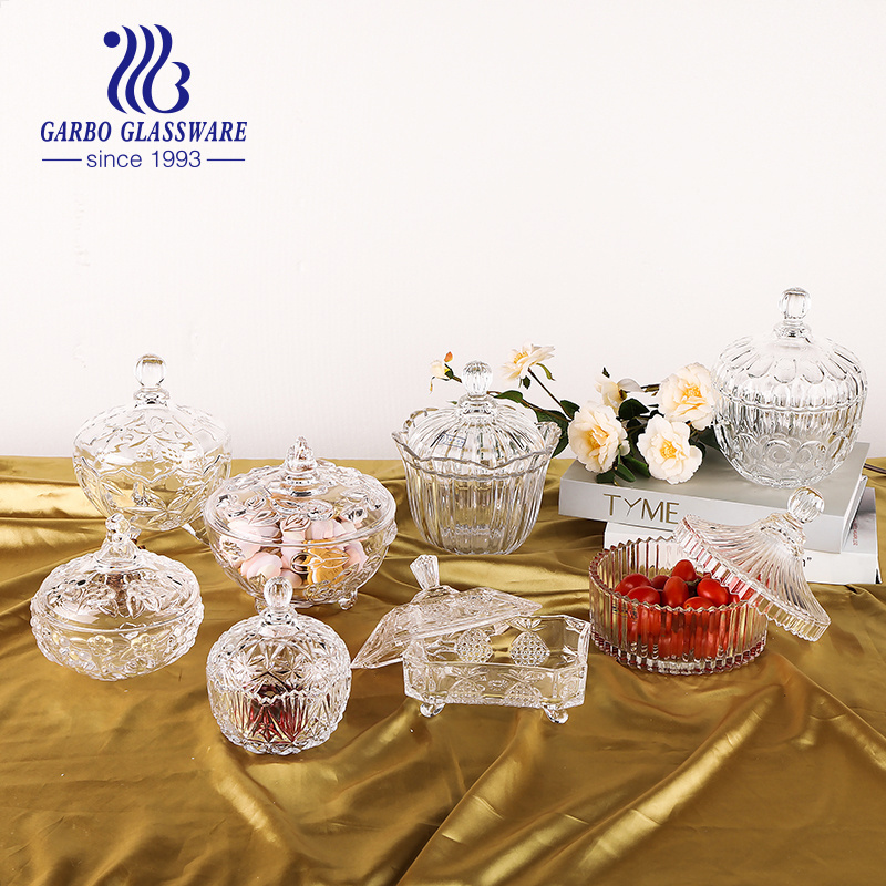 hot sale sugar glassware set glass candy jar candy pot glassware glass sugar bowl decals  glass bowl with lid candle holder