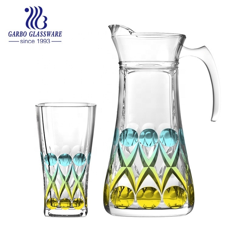 Hot selling glass pitcher and cups set with color spraying drinking glassware 200ml tumbler and 1.5l jug set for home daily use