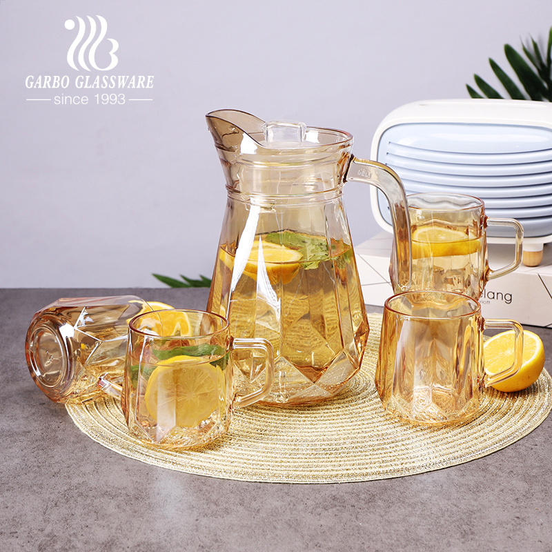 Wholesale Stocked 5PCS Machine-made Amber Ion-plating Glass Cool Water Drinking Beverage Juice Jug Set Pitcher Set Glass Mug