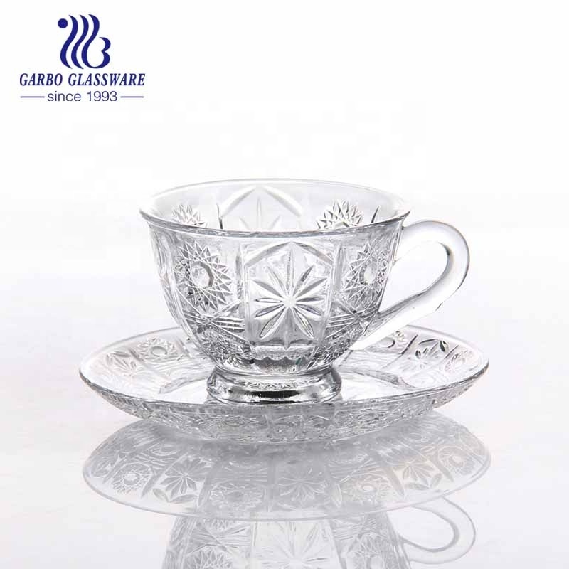 Classic fish scale engraved design glass mug and saucer set India market hot sales teacup set soda-lime glass drinkware