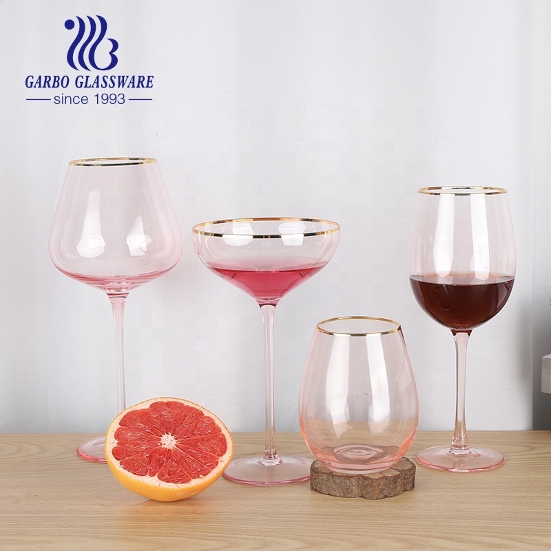 Pink glass goblet 10oz colored glassware red white wine glass stemware flute handmade glass cup golden rim  martini glasses