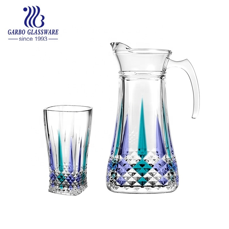 Hot selling glass pitcher and cups set with color spraying drinking glassware 200ml tumbler and 1.5l jug set for home daily use