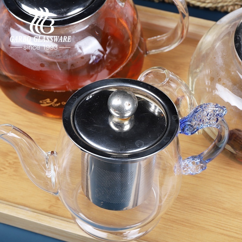 High-quality Borosilicate Glass Tea Kettle Pot Coffee Pitcher with Stainless Steel Infuser and Lid with Customized Color Lid