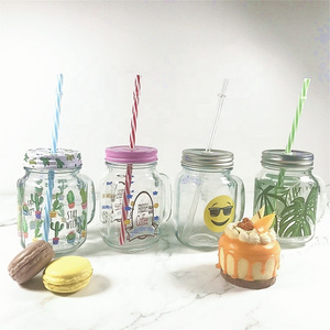 400ml Wholesale Beautiful Drinking Glass Spraying Color Customized Beer Mason Jar with Metal Lid and Straw for Juice Iced Tea