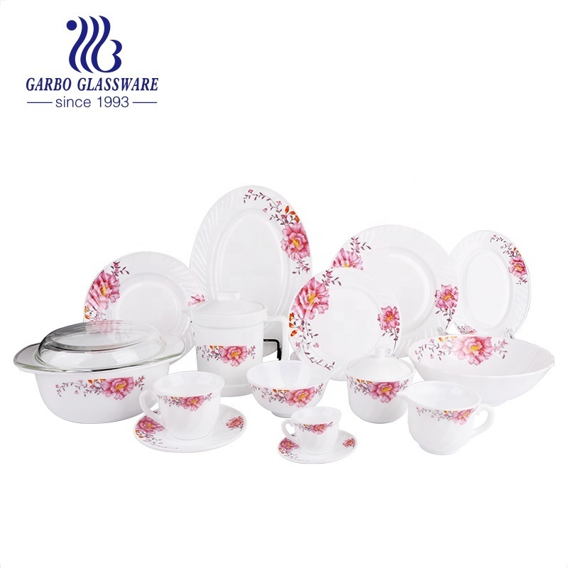 Factory 58PCS Classical Egypt Machine Pressed Round Oval White Opal Glass Dinner Set with Customized Decal Design Polifoam Pack