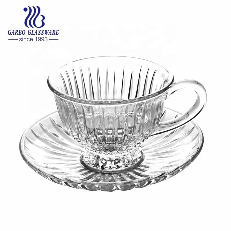 Classic fish scale engraved design glass mug and saucer set India market hot sales teacup set soda-lime glass drinkware