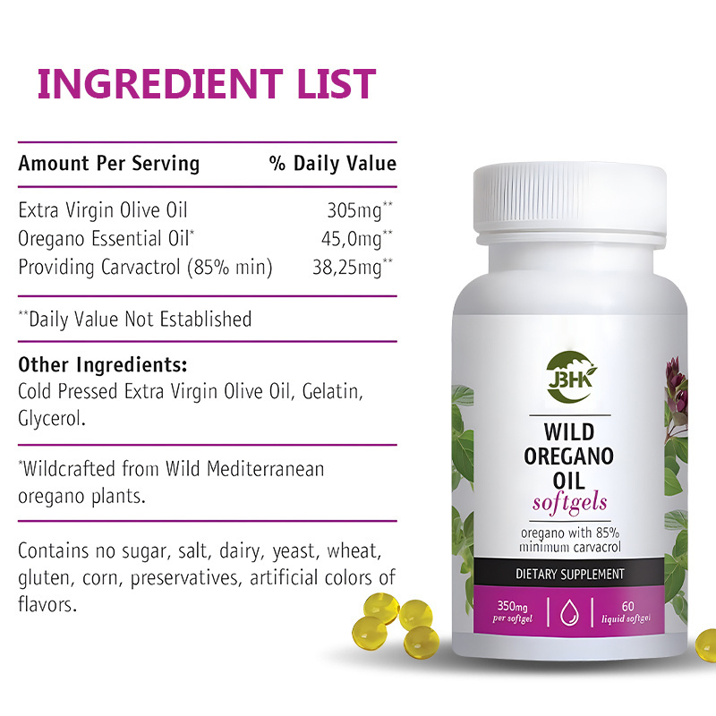 Wild Oregano Oil Softgels Capsules. High Carvacrol and Quality dietary supplement capsules