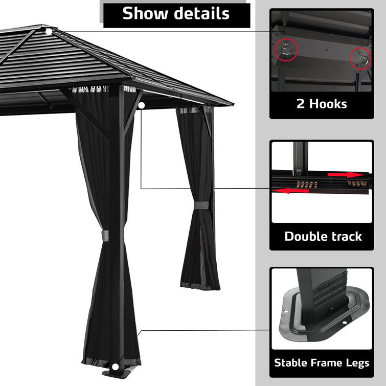 Metal Patio Furniture Outdoor Single Roof Canopy Aluminium Sunshade Garden Hardtop Gazebo with Curtain and Mosquito Netting