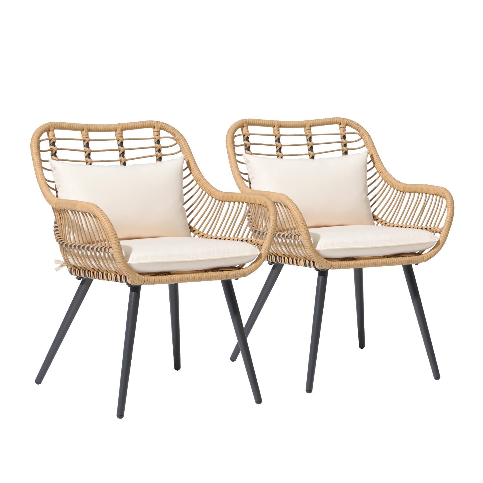 Outdoor Patio Living 3 Piece Table And Chairs Set Modern Tan Wicker Linen Cushions Beige Handcrafted Garden Furniture