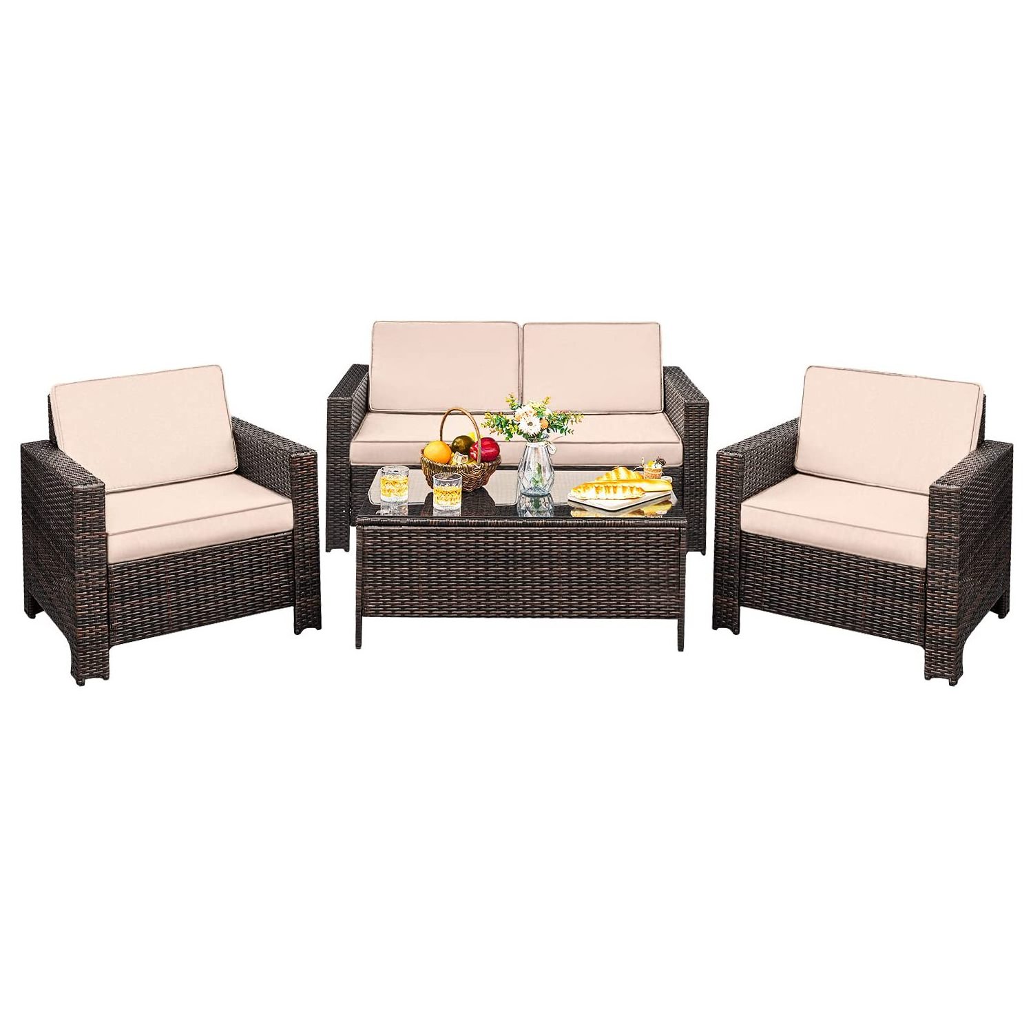 Waterproof Outdoor Rattan Furniture Patio 4 Pieces Wicker Sofa Sets Garden Conversation Sets With Tempered Glass And Cushion