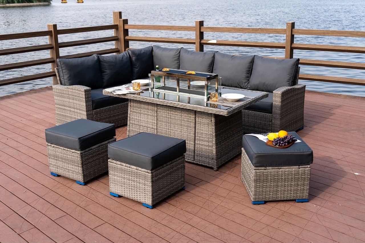 Outdoor Rattan Furniture Smokeless Propane Fire Pit Table Patio Wicker Heating Garden Lounge sets with Gas Fire Pits