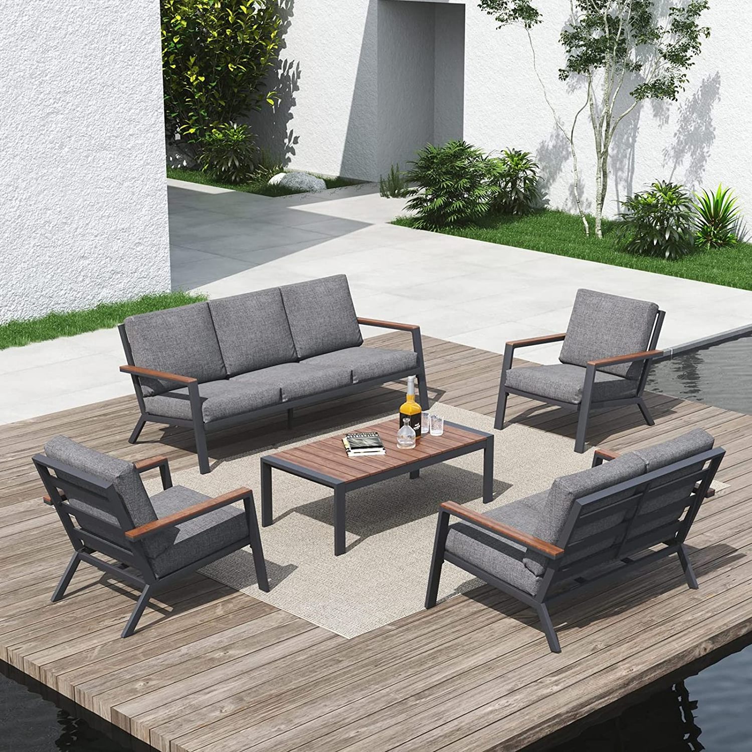 Outdoor L-shape lounge sets Patio Waterproof Metal Aluminium Lounge Furniture Teak Sofa Garden Conversation sets