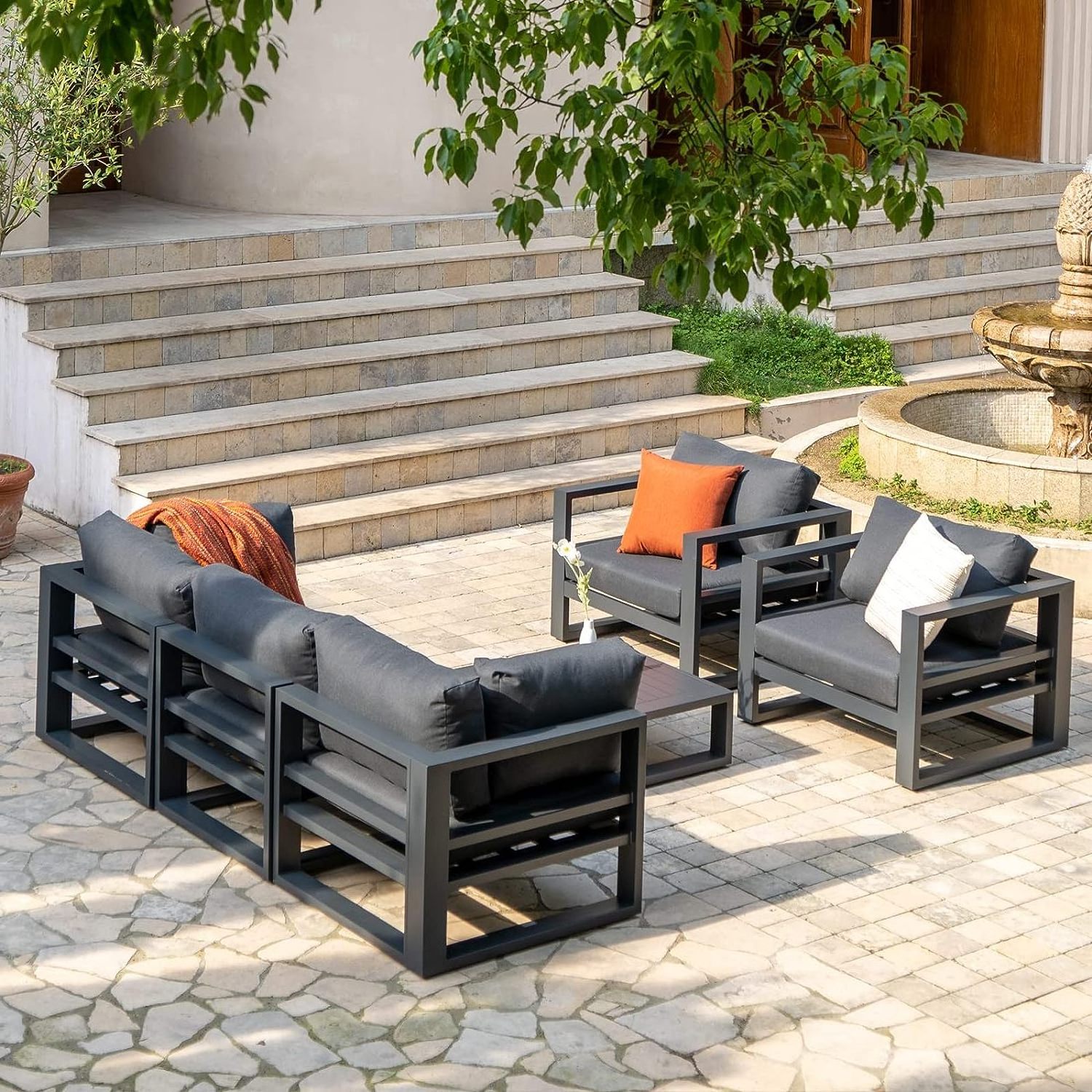 Metal Outdoor Conversation Set 6 Pcs Aluminium Lounge Patio Furniture Modular Sectional Seat with Coffee Tables Garden Sofa Set