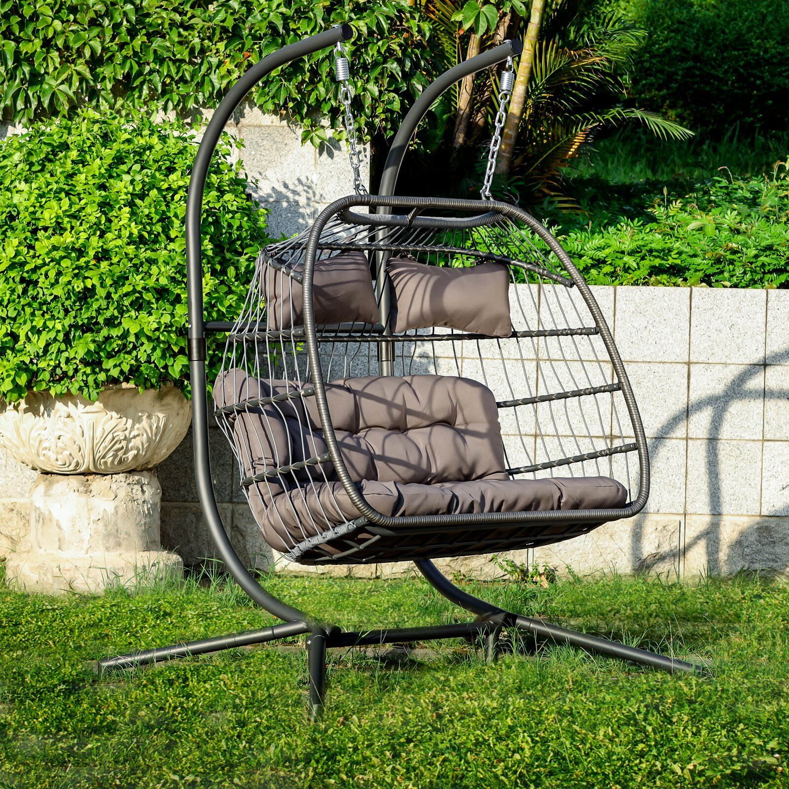 Morden Design Patio Hanging Wicker Swing Egg Sofa with Stand Garden loveseat Outdoor Double Seat Rattan Foldable Swing Chair