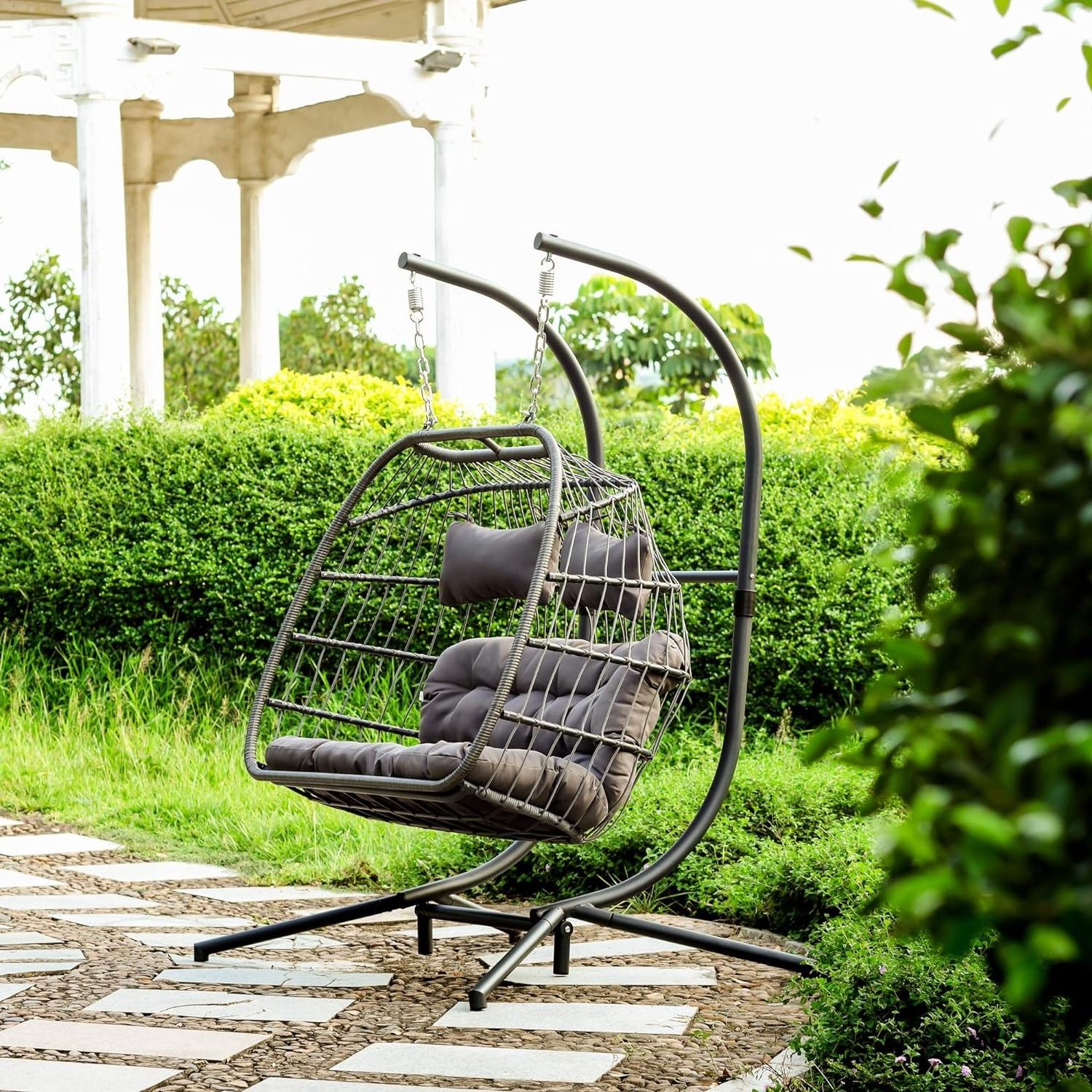 Morden Design Patio Hanging Wicker Swing Egg Sofa with Stand Garden loveseat Outdoor Double Seat Rattan Foldable Swing Chair