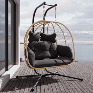 Outdoor Rattan Double Egg Chair with Stand Hammock Cushion Foldable Patio Wicker Hanging Loveseat Garden Wicker Swing Chairs