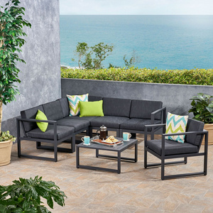 Patio Metal 7-Piece Black Aluminium Lounge set Outdoor Furniture  With Water Resistant Dark Gray Cushions Garden Sofa Set