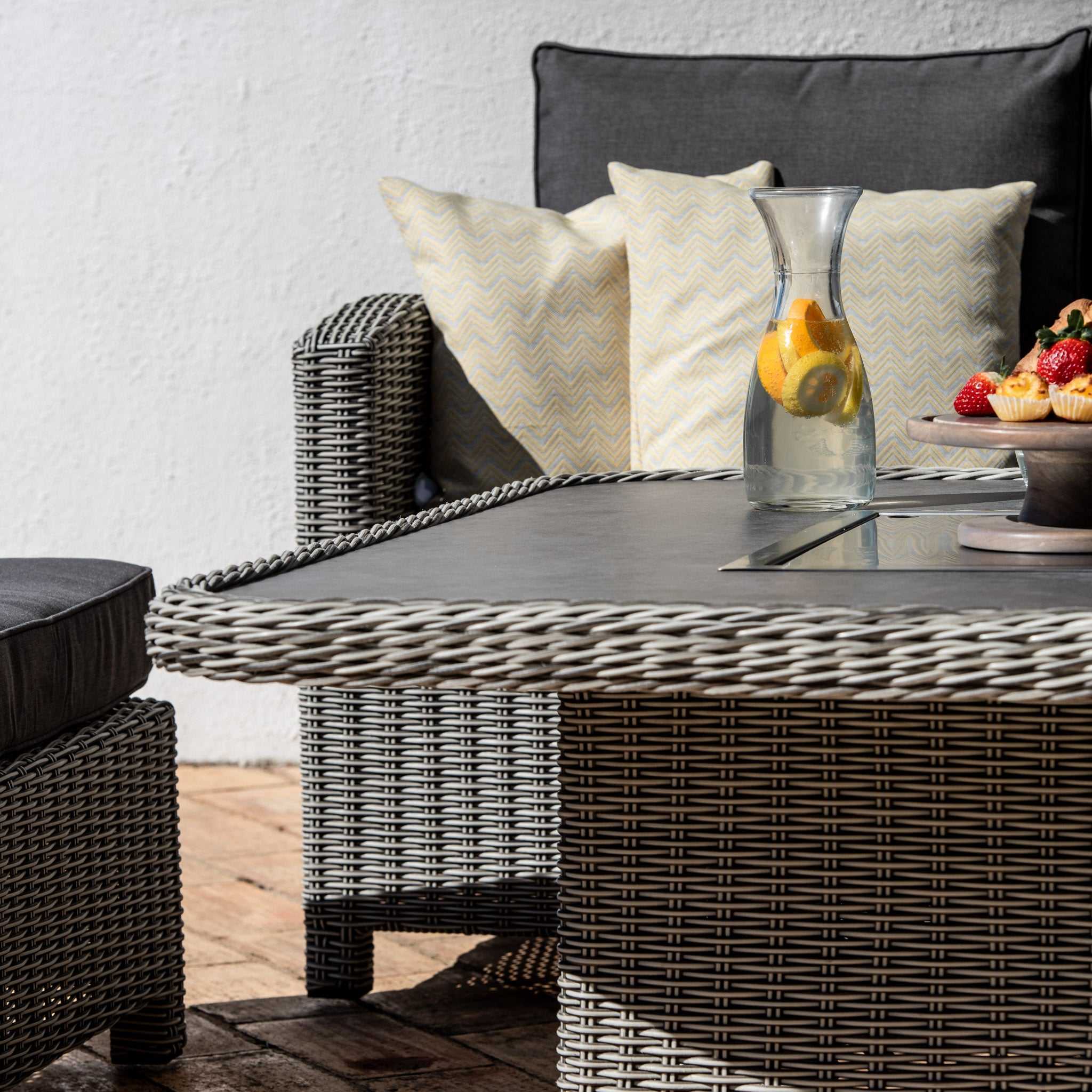 Waterproof Metal Outdoor Wicker Furniture Set Patio Square Rattan Rectangular Corner Dining Set with Rising Aluminium Fire Pit