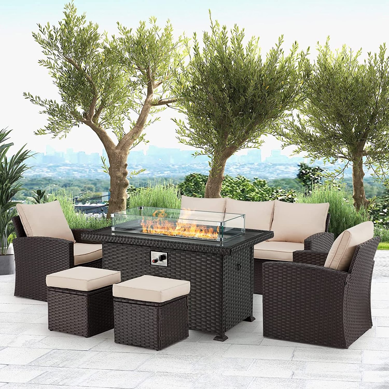 Outdoor Furniture Corner Patio Rattan Outdoor Sofa Set 7 Seater Fire Pit Garden Sofas Set Furniture with Fire Pit