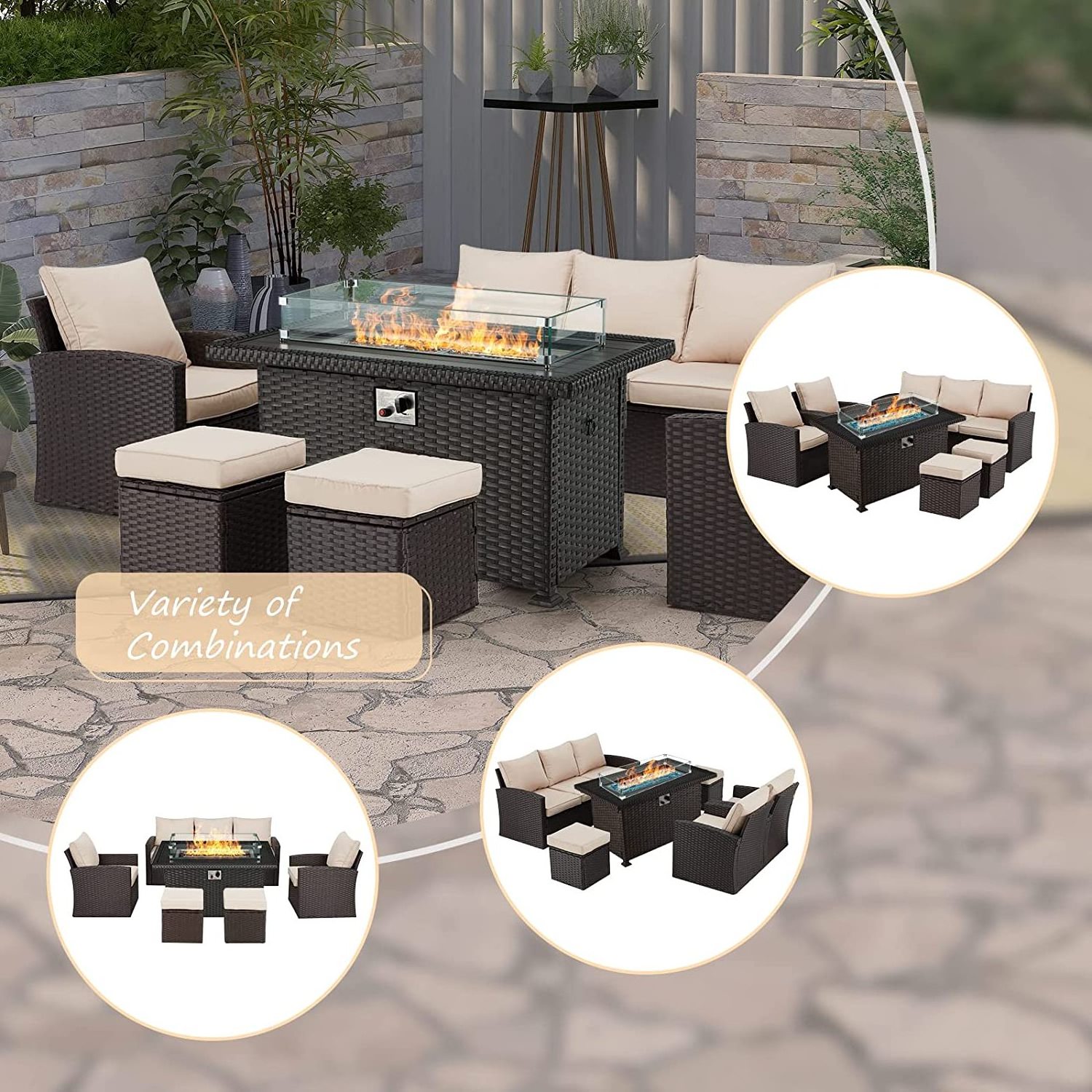 Outdoor Furniture Corner Patio Rattan Outdoor Sofa Set 7 Seater Fire Pit Garden Sofas Set Furniture with Fire Pit