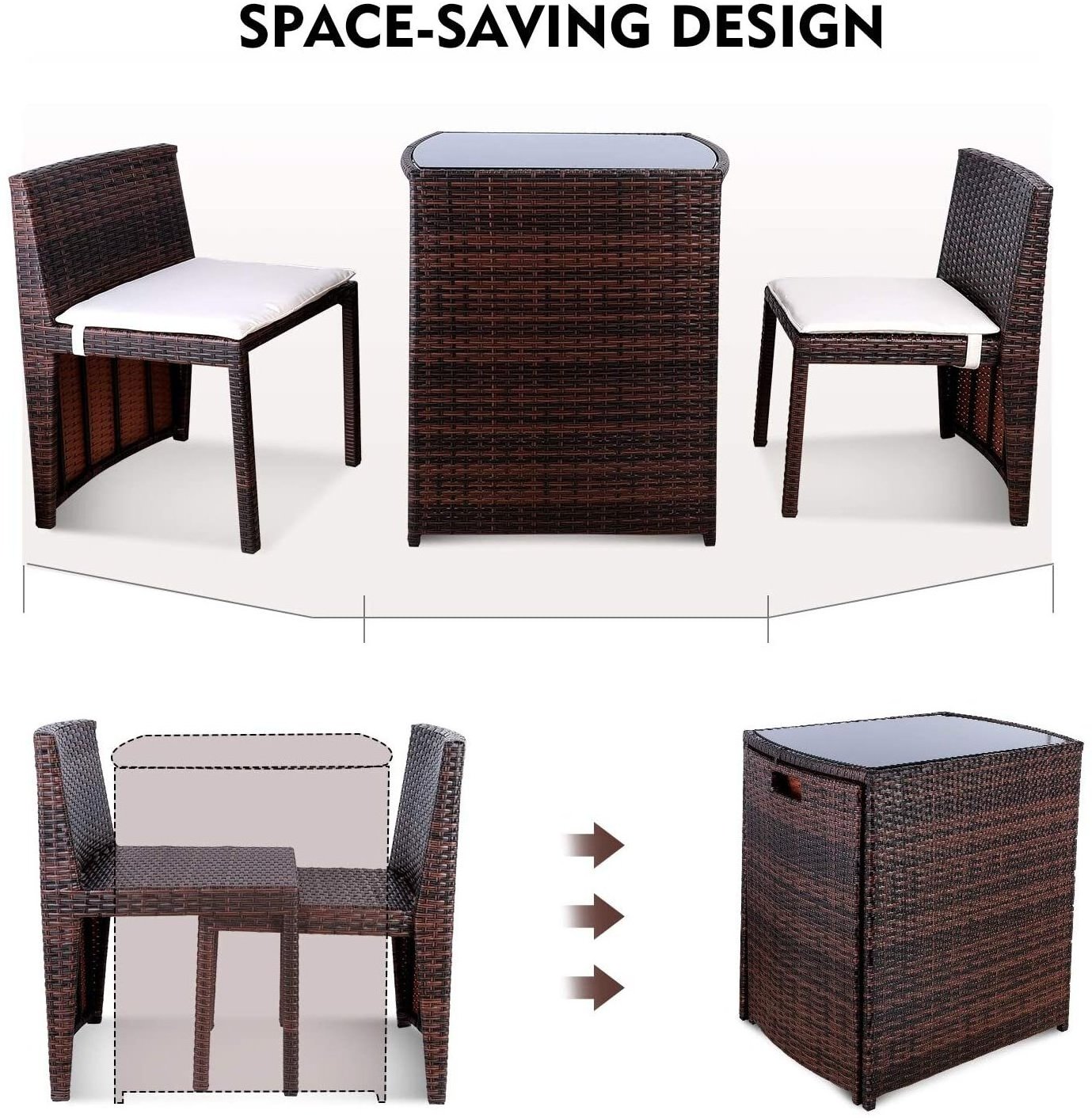 Patio Bistro Set 3 Piece Space Saving Outdoor Wicker Conversation sets Garden Rattan Chair and Table Dining Set