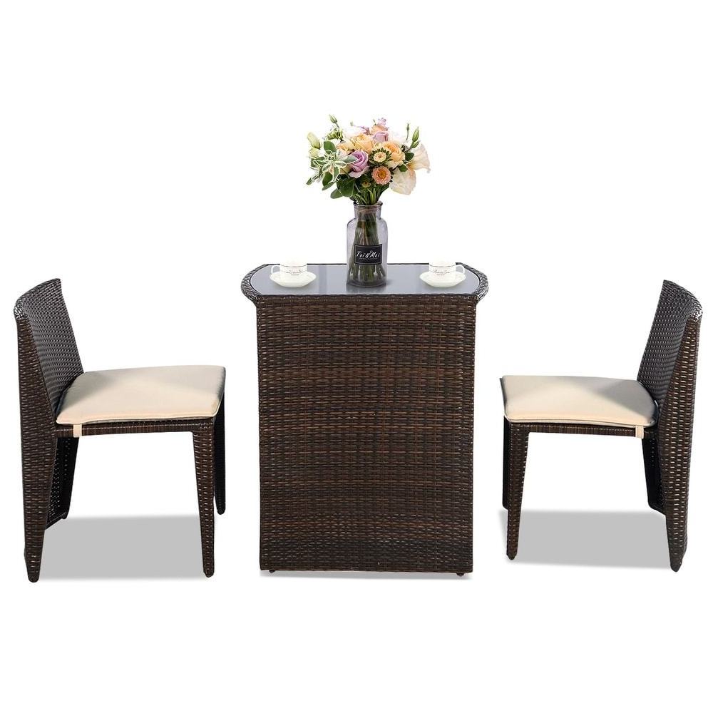 Patio Bistro Set 3 Piece Space Saving Outdoor Wicker Conversation sets Garden Rattan Chair and Table Dining Set