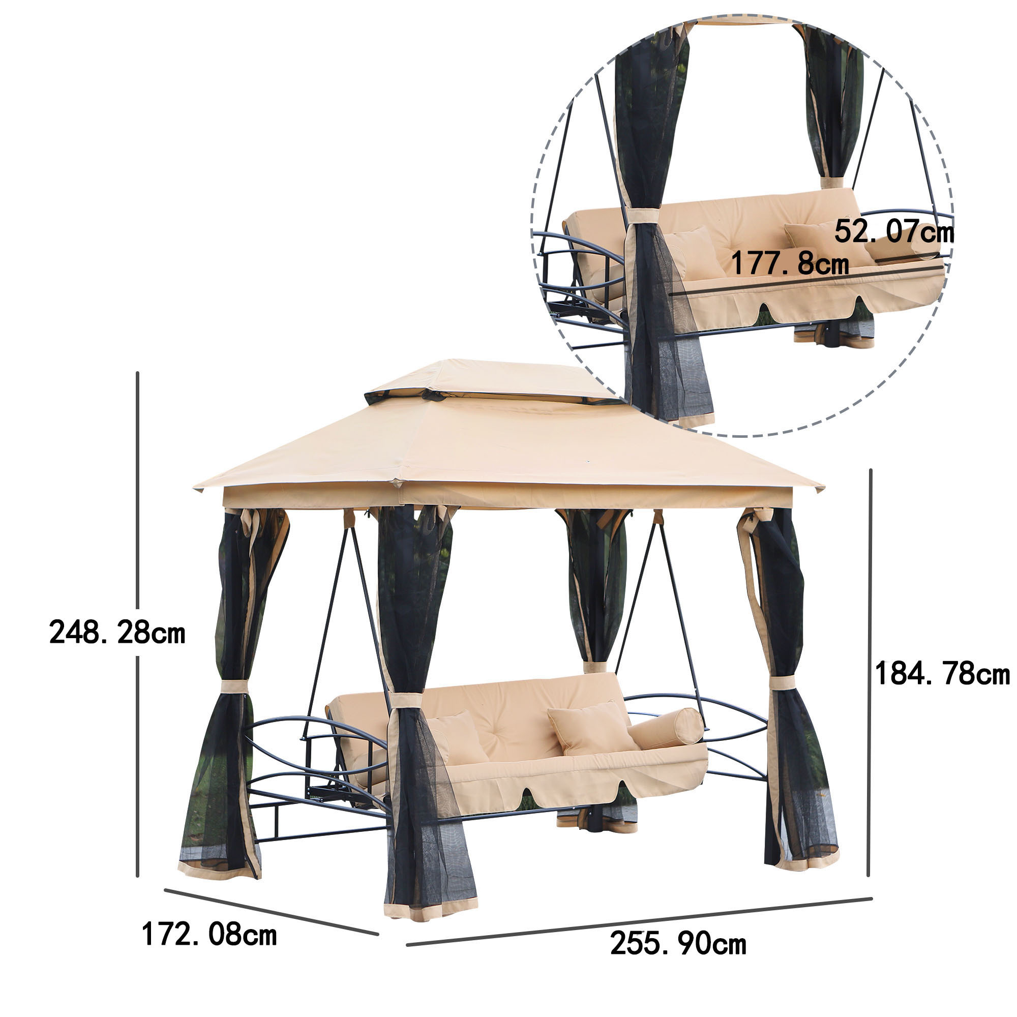 Leisure Outdoor Gazebo Hanging Swing Chair Swing Bed 3-Seat Patio Swing Chair with Double Tier Canopy and Mesh Sidewalls