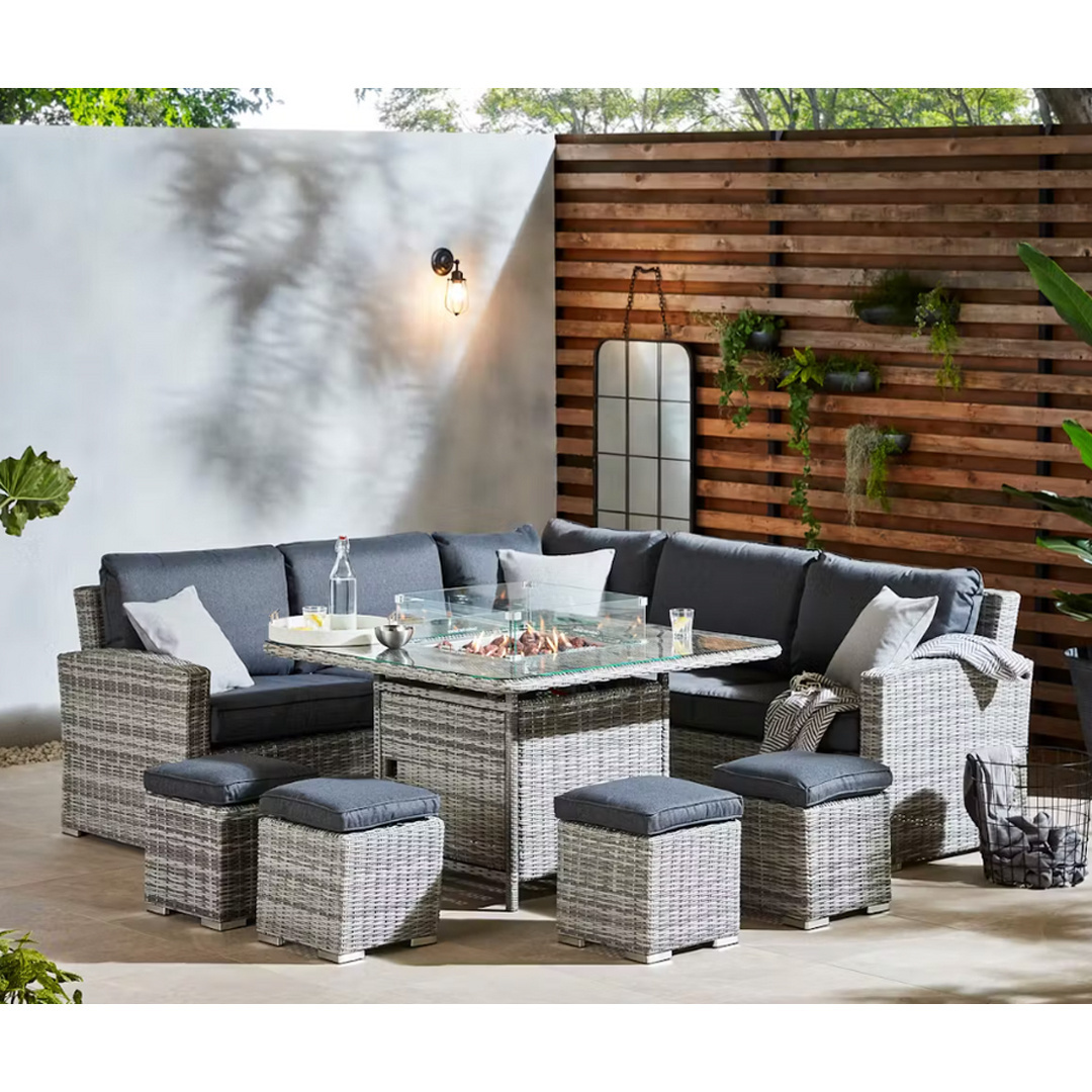 Patio Furniture Aluminium Garden Gas Firepits Table Outside BBQ Metal Luxury Rattan Outdoor Corner Sofa Set with Fire Pit