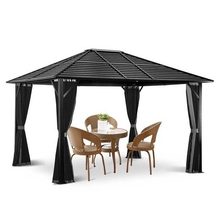 Metal Patio Furniture Outdoor Single Roof Canopy Aluminium Sunshade Garden Hardtop Gazebo with Curtain and Mosquito Netting