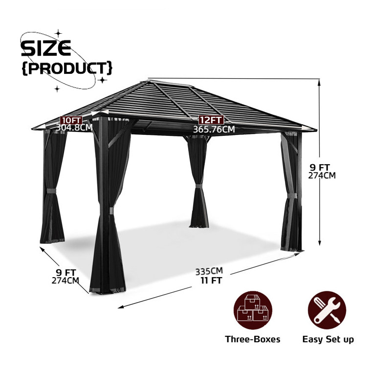 Metal Patio Furniture Outdoor Single Roof Canopy Aluminium Sunshade Garden Hardtop Gazebo with Curtain and Mosquito Netting