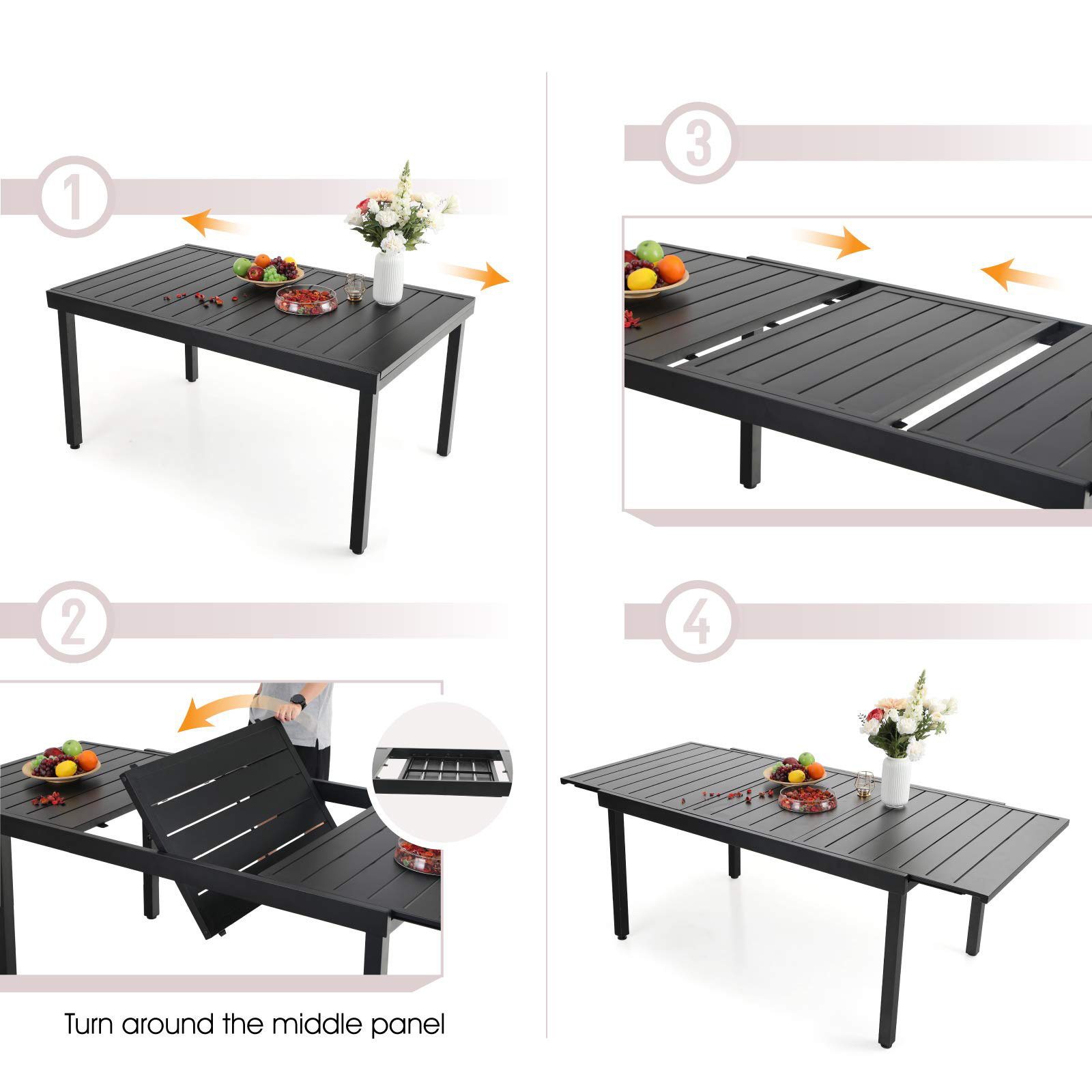 Black Expandable Patio Dining Tables Metal Outdoor Table for 6-8 Person Lawn Garden Bistro Rectangular Table