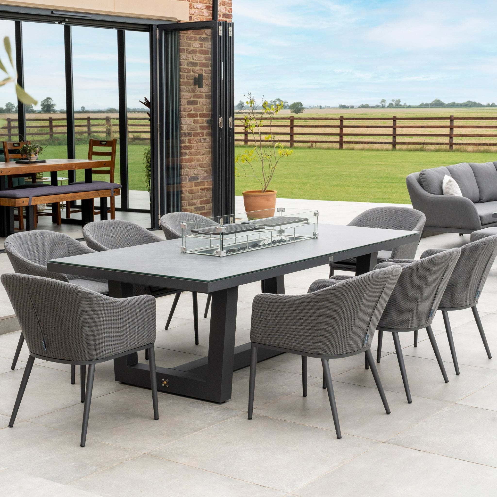 Outdoor Furniture Garden Chairs with Table Hotel Waterproof  8 Seat Fabric Dining Sets in Grey Patio Ceramic Fire pit Table