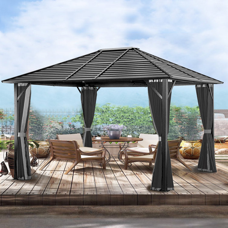 Metal Patio Furniture Outdoor Single Roof Canopy Aluminium Sunshade Garden Hardtop Gazebo with Curtain and Mosquito Netting