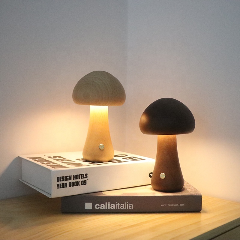 Battery Rechargeable USB Mushroom Lamp Wooden Night Light Decoration LED Desk Lamp With Touch Switch