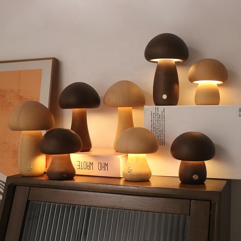 Battery Rechargeable USB Mushroom Lamp Wooden Night Light Decoration LED Desk Lamp With Touch Switch