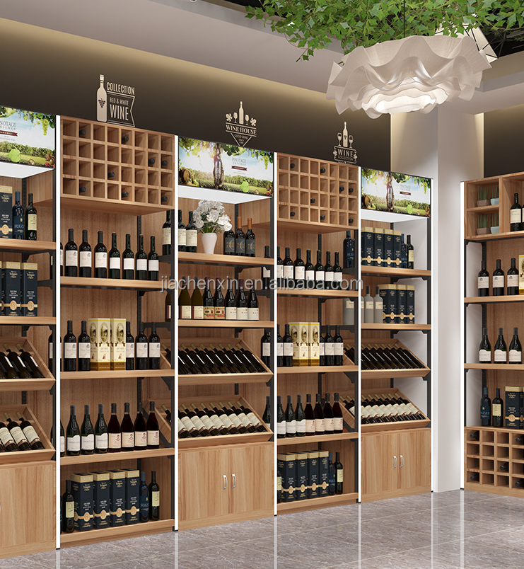 Shelving Supplies Metal Wine Storage Display Wine Rack Shelves Wall Mounted Liquor Store Wine Display Cabinet