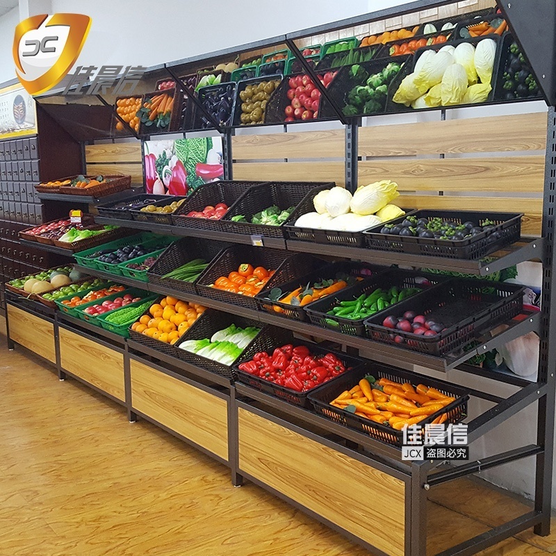 Against the wall fruit racks with Big Capacity Vegetable Fruit Shelf Rack Supermarket Display Shelves