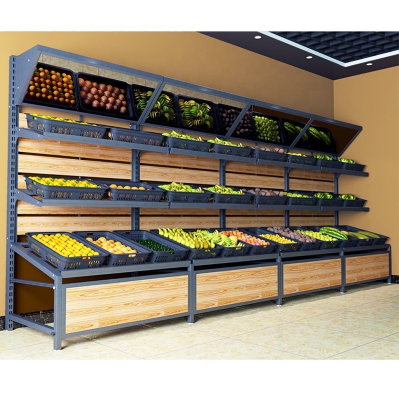 Against the wall fruit racks with Big Capacity Vegetable Fruit Shelf Rack Supermarket Display Shelves