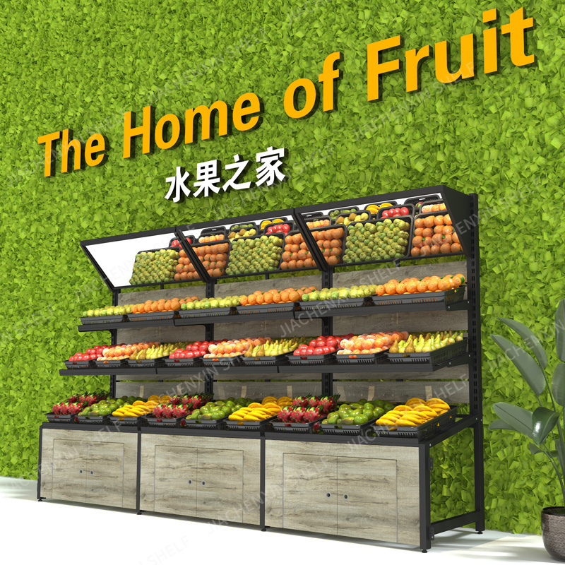 Against the wall fruit racks with Big Capacity Vegetable Fruit Shelf Rack Supermarket Display Shelves