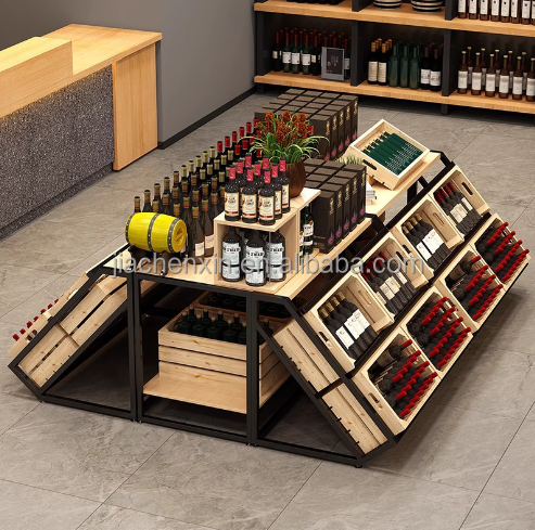 Shelving Supplies Metal Wine Storage Display Wine Rack Shelves Wall Mounted Liquor Store Wine Display Cabinet